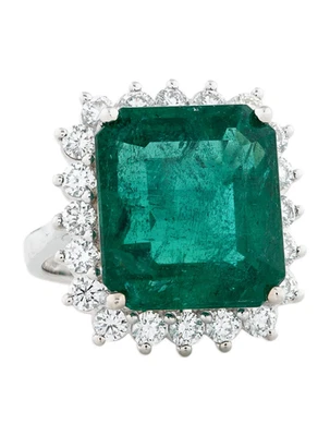 Anillo con halo de oro blanco de 18 quilates y diamantes de 1,20 quilates con esmeralda natural de 12,89 quilates talla 6,5 Foto 1 de 4