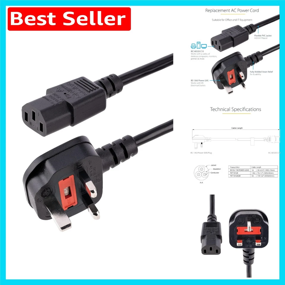 10ft C13 Power Lead, Black Replacement UK Cable, 100% Copper Expedited Support - Image 1 of 4