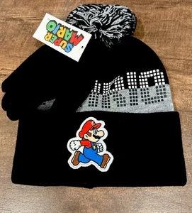 Super Mario Beanie Winter Hat & Gloves Set w/ Pom Pom - New Nintendo Youth - Picture 1 of 6