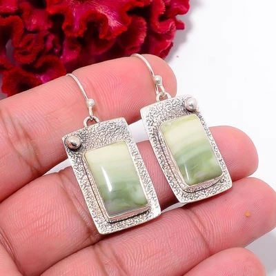 Natural Serpentine - Russia 925 Sterling Silver Handmade Earring 1.64" E102727 - Image 1 of 4