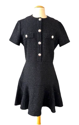 Vestido curto MAJE tamanho 40 L tweed metálico preto $475 festa ocasião feriado novo com etiquetas - Imagem 1 de 4