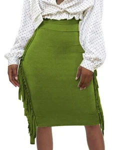 Women's Elastic Waist Slim Bodycon Side Tassels Midi Pencil Skirts Green XL - Picture 1 of 4
