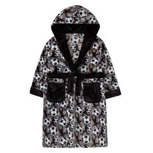 Boys Football Dressing Gown New Fleece Hooded Robe Grey Black Ages 2 - 13 Years - Picture 1 of 2