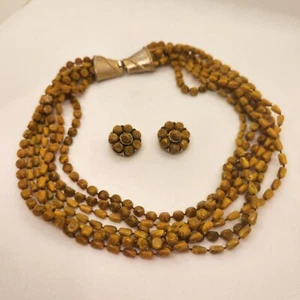 Vintage Multi Strand Wood Bead Necklace With Matching Cluster Clip On Earrings - Picture 1 of 13