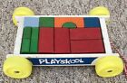 Vintage Playskool Pull Wagon with 13 Wood Blocks Colored Shapes Stacking Toddler