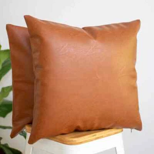Set of 2 50x50cm Faux Leather Cushion Covers Thick Cognac Modern - covers only - Picture 1 of 2
