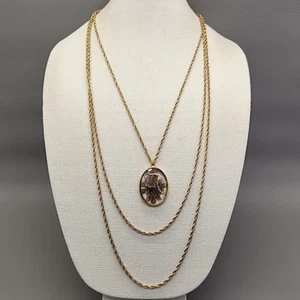 1928 Brand Necklace Layered Gold Tone Rope Chain Glass Flower Pendant Oval 26.7" - Picture 1 of 16