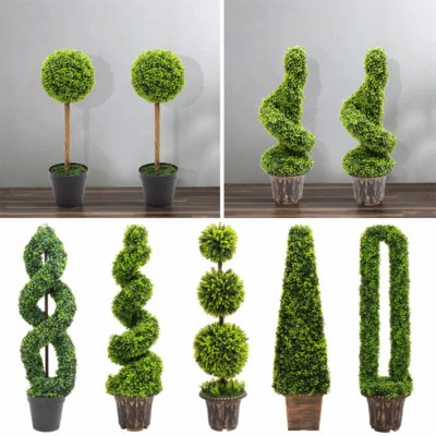 Topiary Trees Potted Artificial Boxwood Fake Grass Plant Tree Ball - Pair/Single - Image 1 of 4