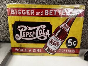 PEPSI Cola Coke Soda vtg Throwback Retro Repro yellow  Tin Metal Sign 