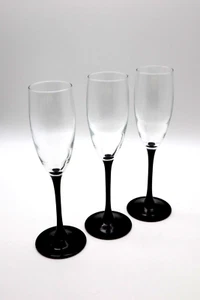 3er Set Kristall Sektflöten Gläser Schwarz Stiel Luminarc Frankreich Modern 8,5" - Bild 1 von 4
