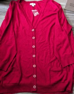 Avenue Red Button Down Long V-Neck Cardigan Sweater Size 26/28 - Picture 1 of 5