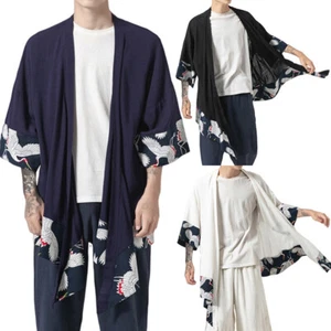 Men Linen Blend Haori Cardigan Kimono Yukata Robe Happi Jacket Shirt Top Vintage - Picture 1 of 15