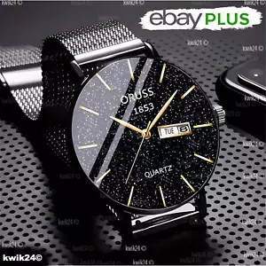 Acero Inoxidable Reloj de Pulsera Fecha Lujo para Hombres Cuarzo Negro - Foto 1 di 7