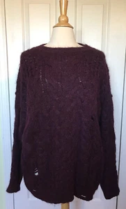 Free People Womens Oversized Cable Knit Maroon Sweater Size S Distressed Alpaca - Picture 1 of 11