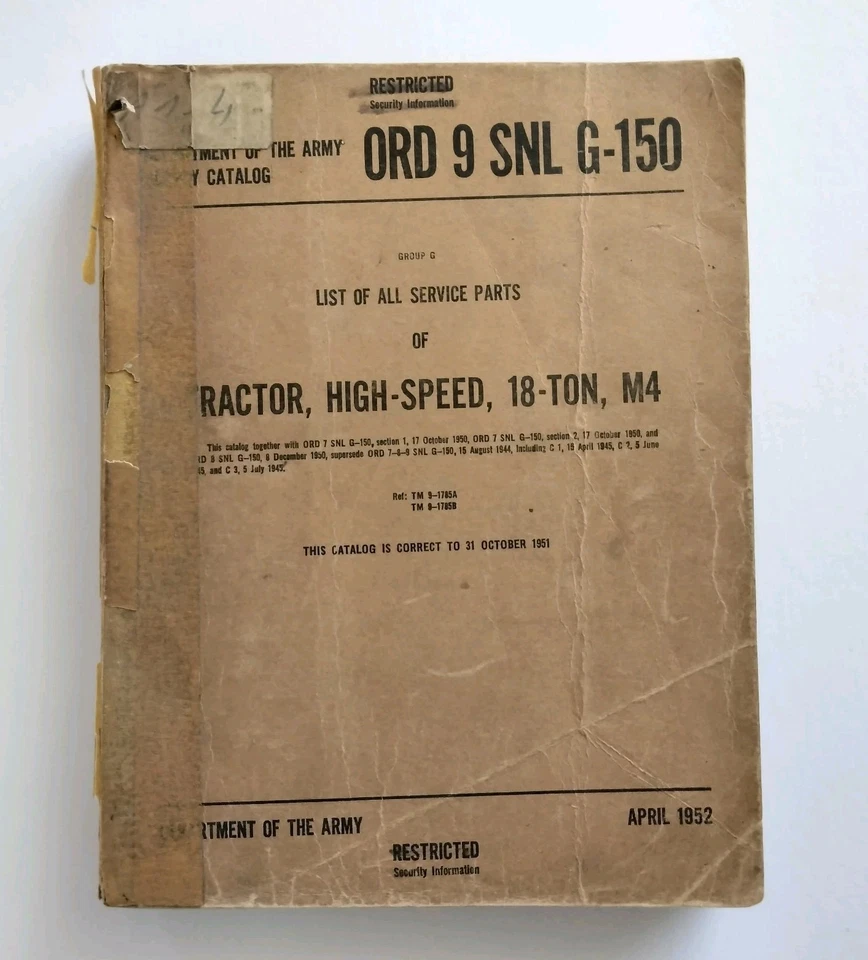 M4 High Speed Tractor US Army Ordnance Catalog ORD 9 SNL G-150 Tank Belgium 1952 - Image 1 of 4