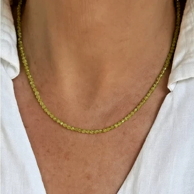 Delicate Peridot 2mm Faceted Rondelle Gemstone Beaded Healing Choker Necklace - Image 1 of 4