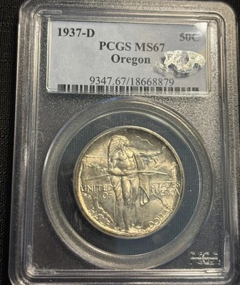1937-D 50C Oregon Trail Commemorative Half Dollar MS67  PCGS, CAC Approved - Image 1 of 4
