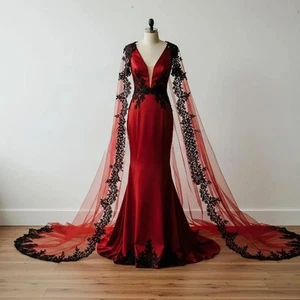 Burgundy Gothic Wedding Dresses Medieval Lace Appliques Long Dresses With Shawl - Picture 1 of 9