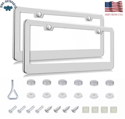 2PCS Chrome 304 Stainless Steel Metal License Plate Frame Tag&Cover Screw Caps - Image 1 of 4
