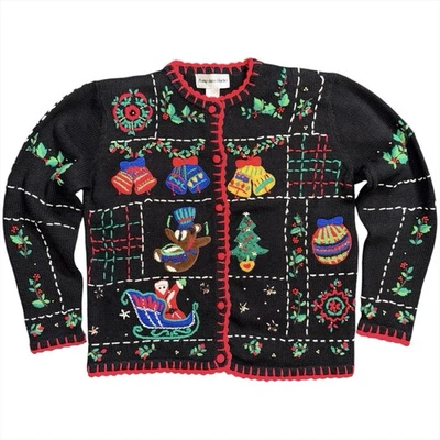 VTG Hampshire Studio Ugly Christmas Sweater Embroidered Holiday Bear Sleigh Bell - Image 1 of 4