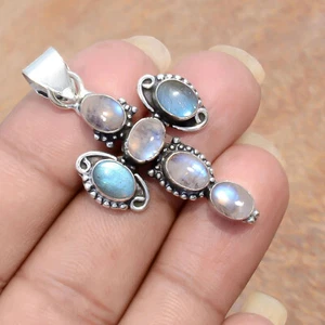 Moonstone & Labradorite Gemstone 925 Sterling Silver Cross Different Pendant - Picture 1 of 7