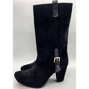 Earthies Women's Size 8.5 B Lintz Platform Boots Black Suede Leather Mid Calf 