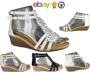 LADIES WOMENS STRAPPY GIRLS GLADIATOR FLOWER DAIMENTE CASUAL WEDGE SANDALS SIZE