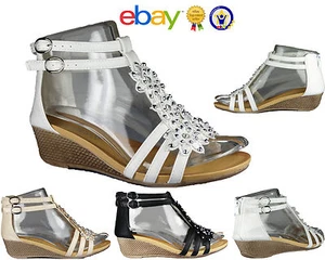 LADIES WOMENS STRAPPY GIRLS GLADIATOR FLOWER DAIMENTE CASUAL WEDGE SANDALS SIZE - Picture 1 of 19