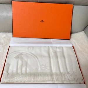 Hermes Stole Muffler New Libris 75 x 210 cm Cashmere silk white scarf Shawl - Picture 1 of 5