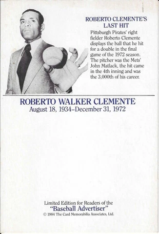 d1972 PITTSBURGH PIRATES - ROBERTO CLEMENTE - 1984 Postcard Cover