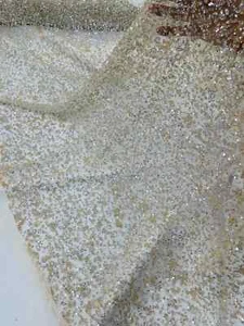 Bead/Sequins Lace Fabric Ivory/Silver Small Sequins and Beads Embroidery By Yard - Picture 1 of 6