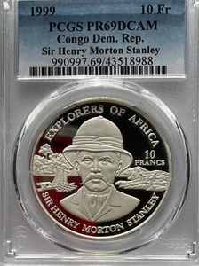Congo 1999, 10 francos, Stanley/Exploradores de África: PCGS PR69DCAM plata - Imagen 1 de 2
