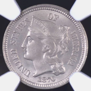 1870 THREE CENT NICKEL NGC MS 63 SLIGHTLY GREYING SILVER WELL STRUCK AND FREE - Picture 1 of 7