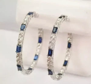 925 Sterling Silver Emerald Cut Simulated Sapphire Women's Made Snap DangleDrop - Picture 1 of 9