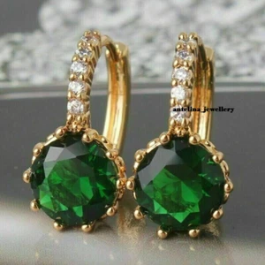 Women's Hoop Earrings 3Ct Round Lab-Created Green Emerald 14K Yellow Gold Plated - Picture 1 of 4