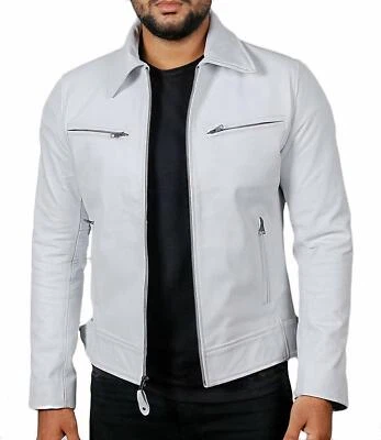 Chaqueta de cuero de piel de cordero genuina para hombre Chaqueta de motocicleta blanca elegante para motociclista Foto 1 de 3