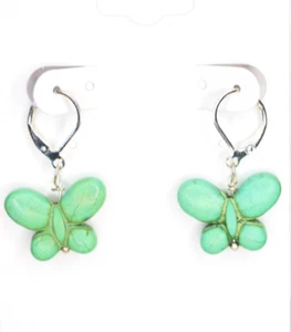 Green Butterfly Charm Earrings Silver Plated Brass Leverback Earrings 1.25" - Picture 1 of 2