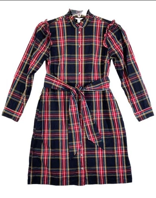 Vestido Camisa J Crew Mujer Talla 10P Volantes Cuello Tartán Cuadros Botón Frontal Navidad Foto 1 de 4