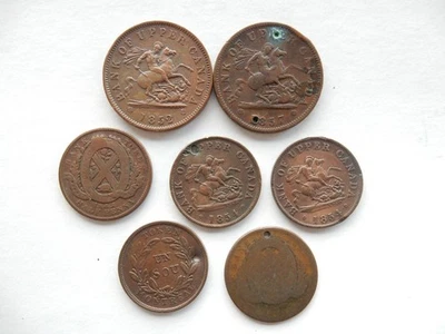 LOT OF 7 CANADA COPPER BANK TOKENS, HALF-PENNY, PENNY, UN SOU     - Image 1 of 4