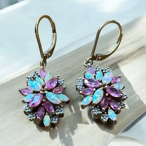 Elegant 18K Yellow Gold Over Sterling Silver Purple and Opal Flowers Earrings - Picture 1 of 13