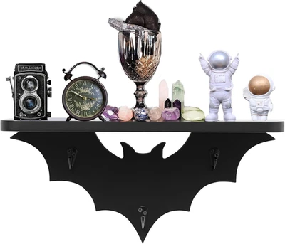 Bat Shelf Floating Shelves for Wall,15.5 Inch Wall Shelf with 3 Key Hooks,Black - Image 1 of 4
