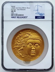 NGC MS70 China 2020 Dun Huang Fei Tian Buddha Gandhanra Gilt Copper Medal 80mm - Picture 1 of 7