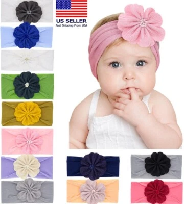 12 Toddler & Baby Girl Lace Bow Flower Headband Set – Soft Hair Band Accessories - Image 1 of 4