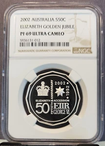 2002 AUSTRALIA SILVER 50 CENTS ELIZABETH GOLDEN JUBILEE NGC PF 69 ULTRA CAMEO - Picture 1 of 3