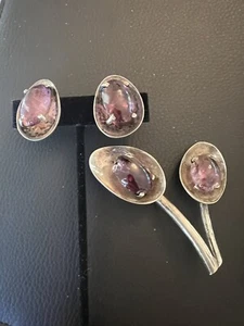 Vintage Sterling Silver Mexico Taxco Amethyst Brooch Pin Earrings Set Modernist  - Picture 1 of 14