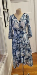 DKNY 10 (US 6 ) Blue, Grey & White chiffon long sleeve hi low cocktail dressre - Picture 1 of 10