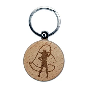 Rodeo Cowboy Woman Cowgirl Waving Lasso Around Engraved Wood Round Keychain - Picture 1 of 6