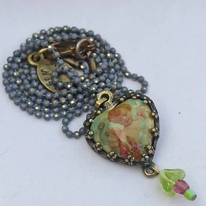Michal Negrin Heart Necklace Angel Small Gray Chain Retro Photo Dainty Gift Box - Picture 1 of 18