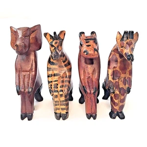 Hand Carved African Safari Animals Wood Wooden Sitting Figures Figurines Set Vtg - Bild 1 von 13
