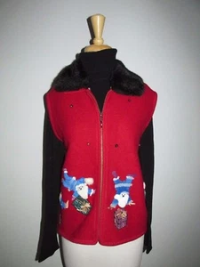 Lisa Intl. Size L Red Santa Jingle Bell Faux Fur Boiled Wool Zip Front Vest - Picture 1 of 12